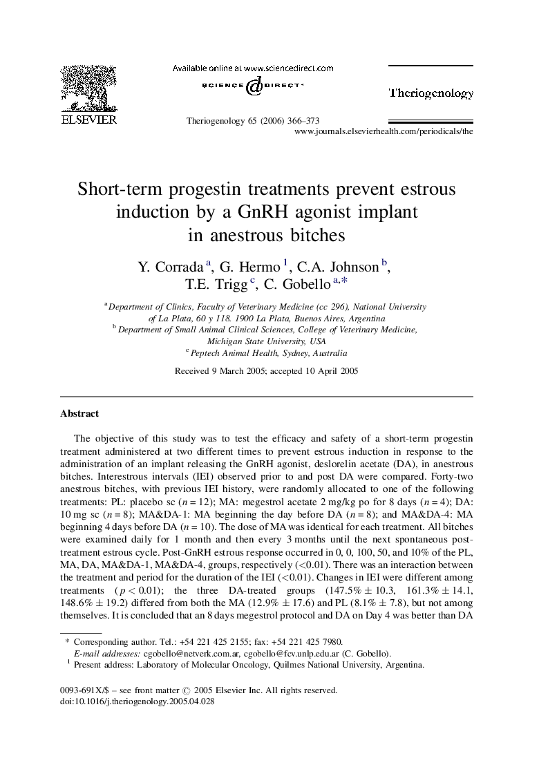 Short-term progestin treatments prevent estrous induction by a GnRH agonist implant in anestrous bitches