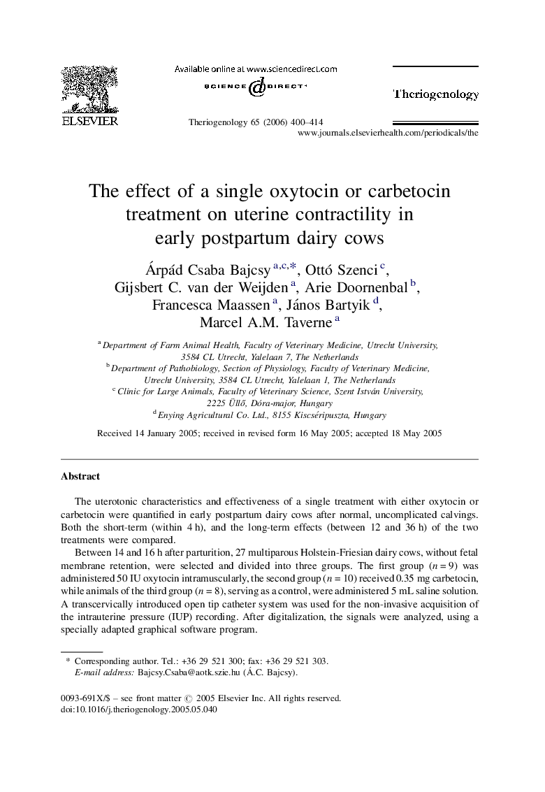 The effect of a single oxytocin or carbetocin treatment on uterine contractility in early postpartum dairy cows