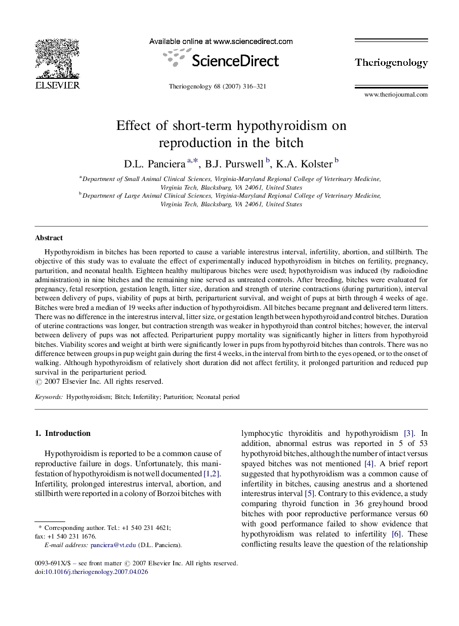 Effect of short-term hypothyroidism on reproduction in the bitch