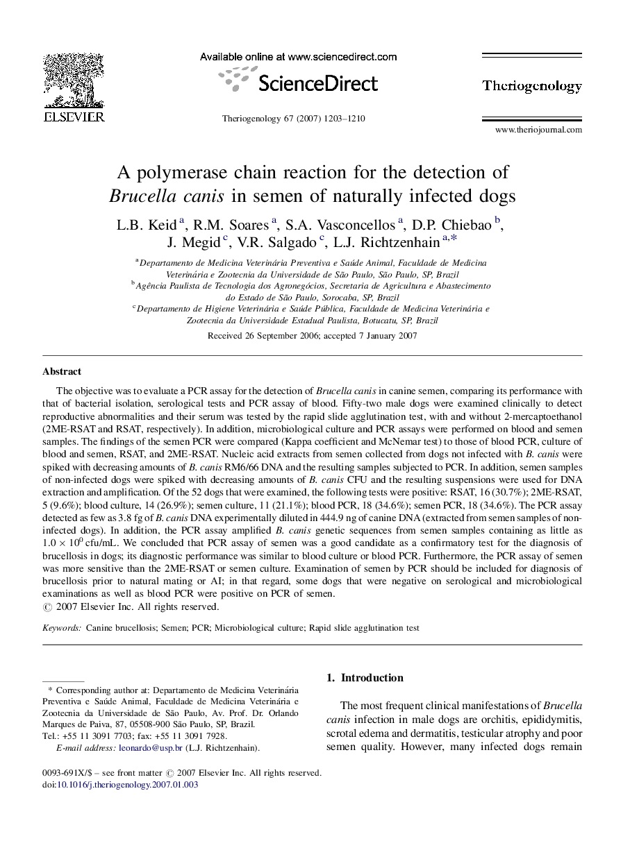 A polymerase chain reaction for the detection of Brucella canis in semen of naturally infected dogs