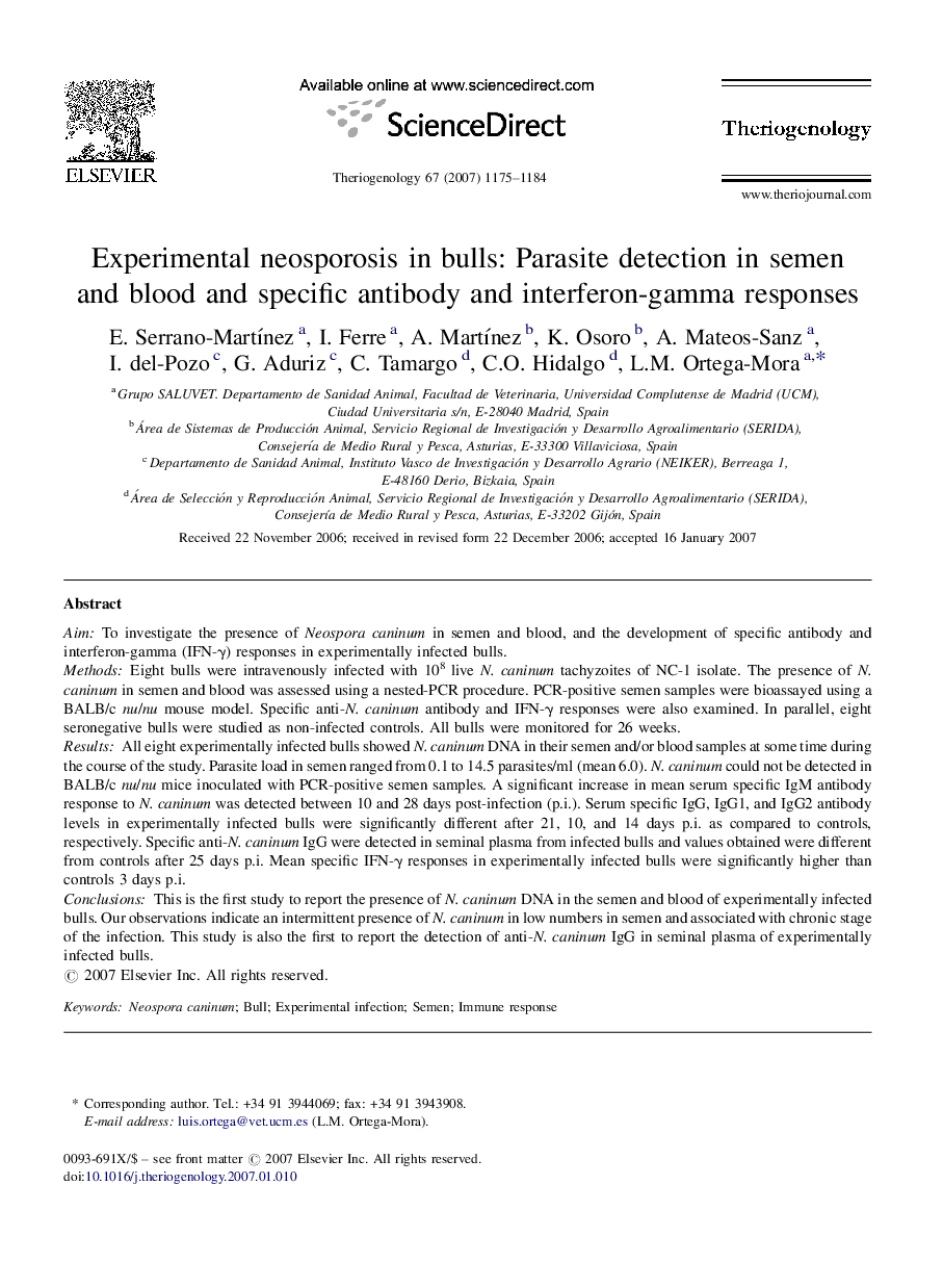 Experimental neosporosis in bulls: Parasite detection in semen and blood and specific antibody and interferon-gamma responses