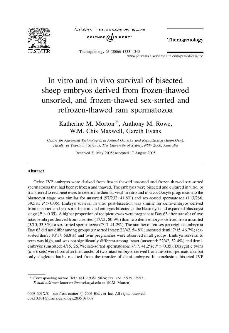 In vitro and in vivo survival of bisected sheep embryos derived from frozen-thawed unsorted, and frozen-thawed sex-sorted and refrozen-thawed ram spermatozoa