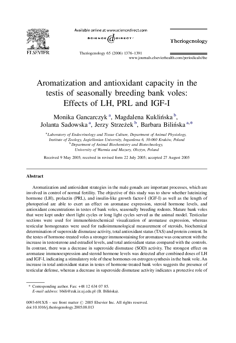 Aromatization and antioxidant capacity in the testis of seasonally breeding bank voles: Effects of LH, PRL and IGF-I