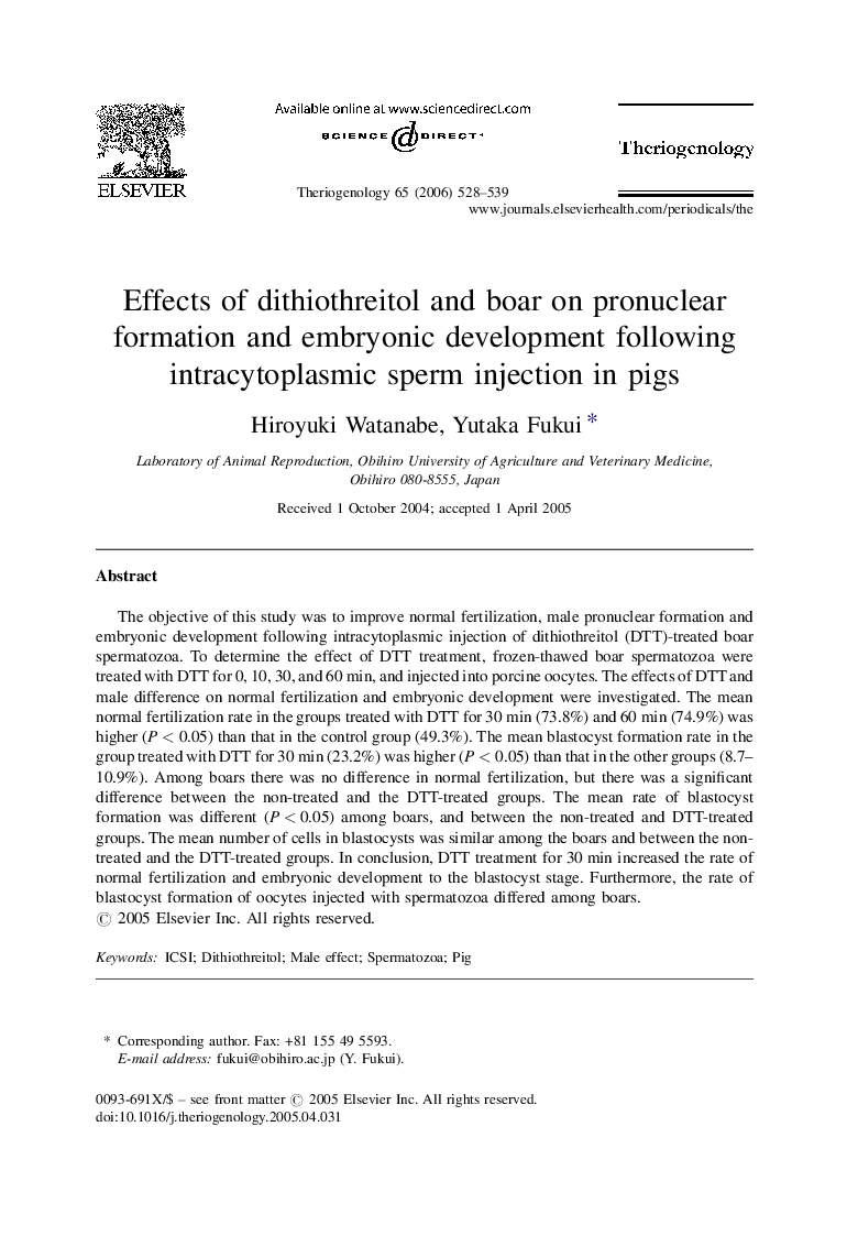 Effects of dithiothreitol and boar on pronuclear formation and embryonic development following intracytoplasmic sperm injection in pigs