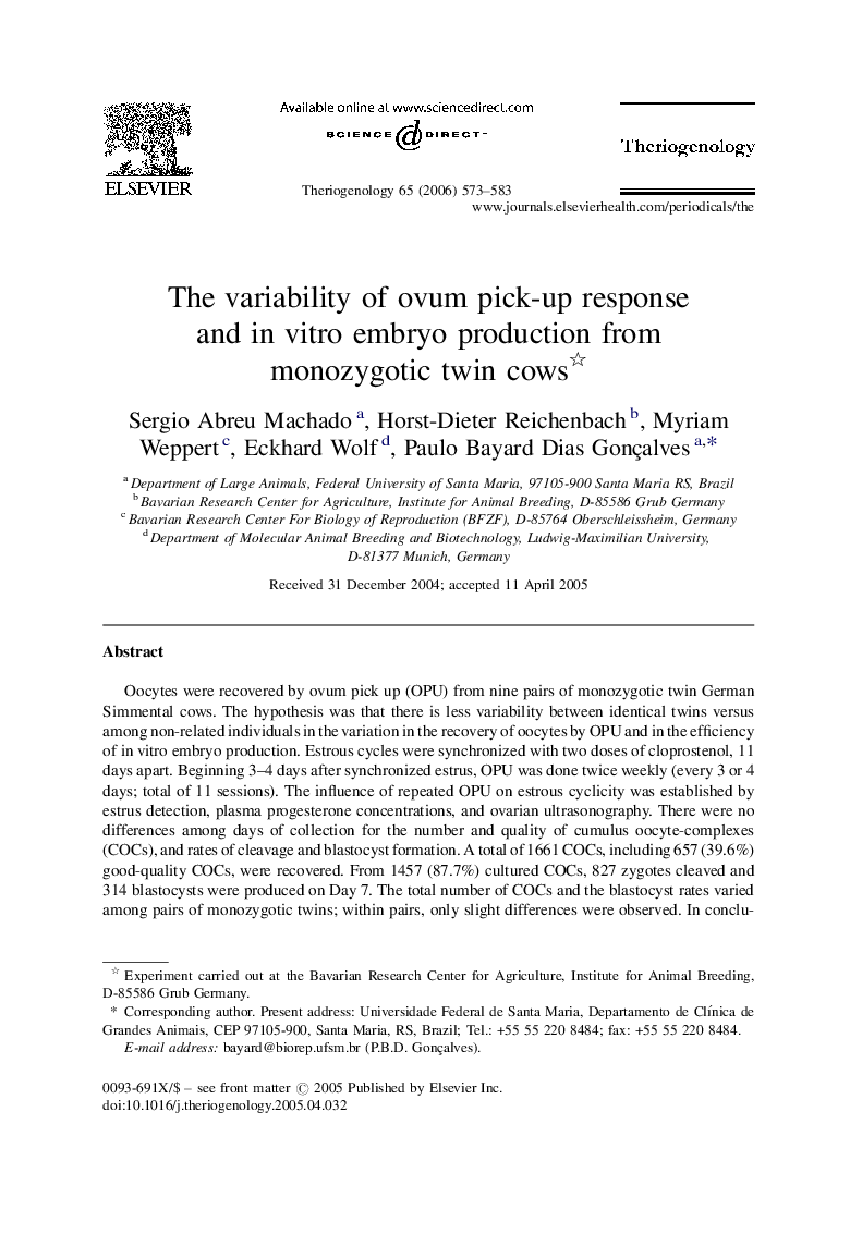 The variability of ovum pick-up response and in vitro embryo production from monozygotic twin cows 