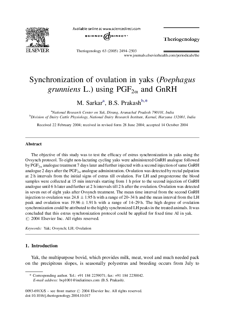 Synchronization of ovulation in yaks (Poephagus grunniens L.) using PGF2α and GnRH