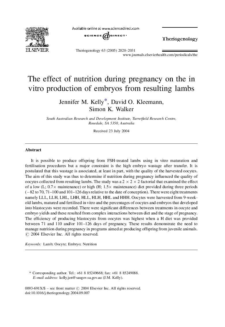 The effect of nutrition during pregnancy on the in vitro production of embryos from resulting lambs