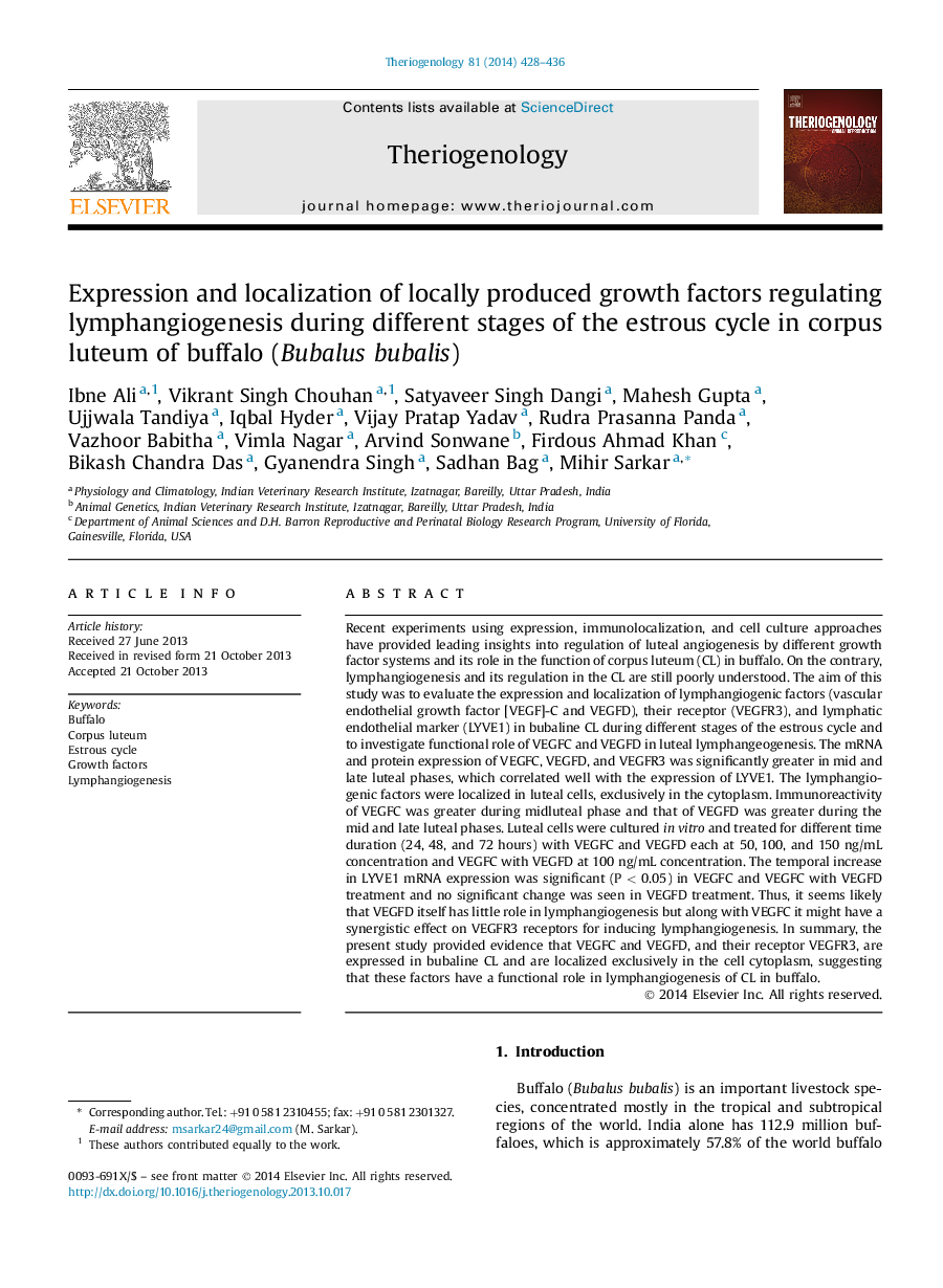 Expression and localization of locally produced growth factors regulating lymphangiogenesis during different stages of the estrous cycle in corpus luteum of buffalo (Bubalus bubalis) 