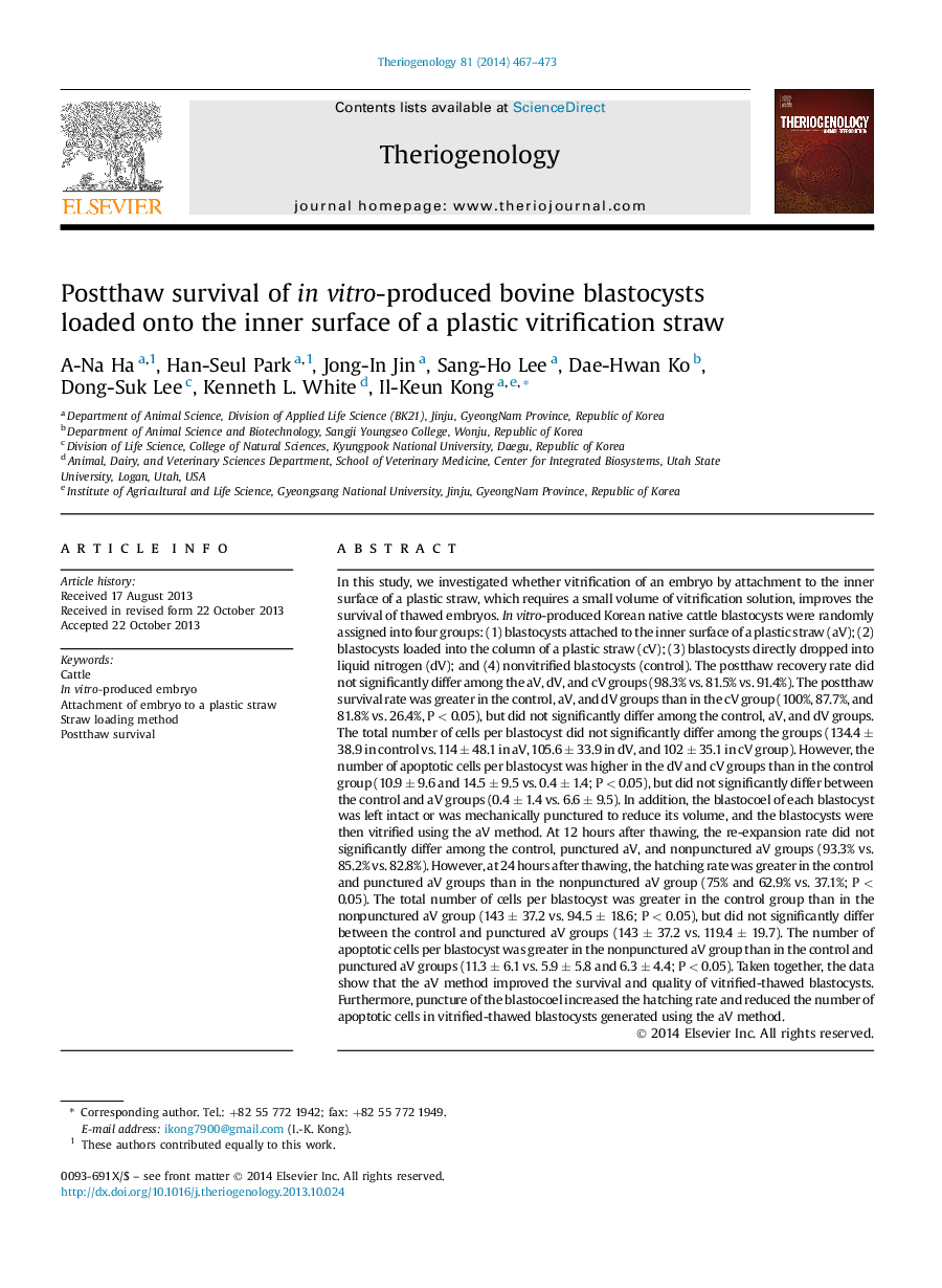 Postthaw survival of in vitro-produced bovine blastocysts loaded onto the inner surface of a plastic vitrification straw