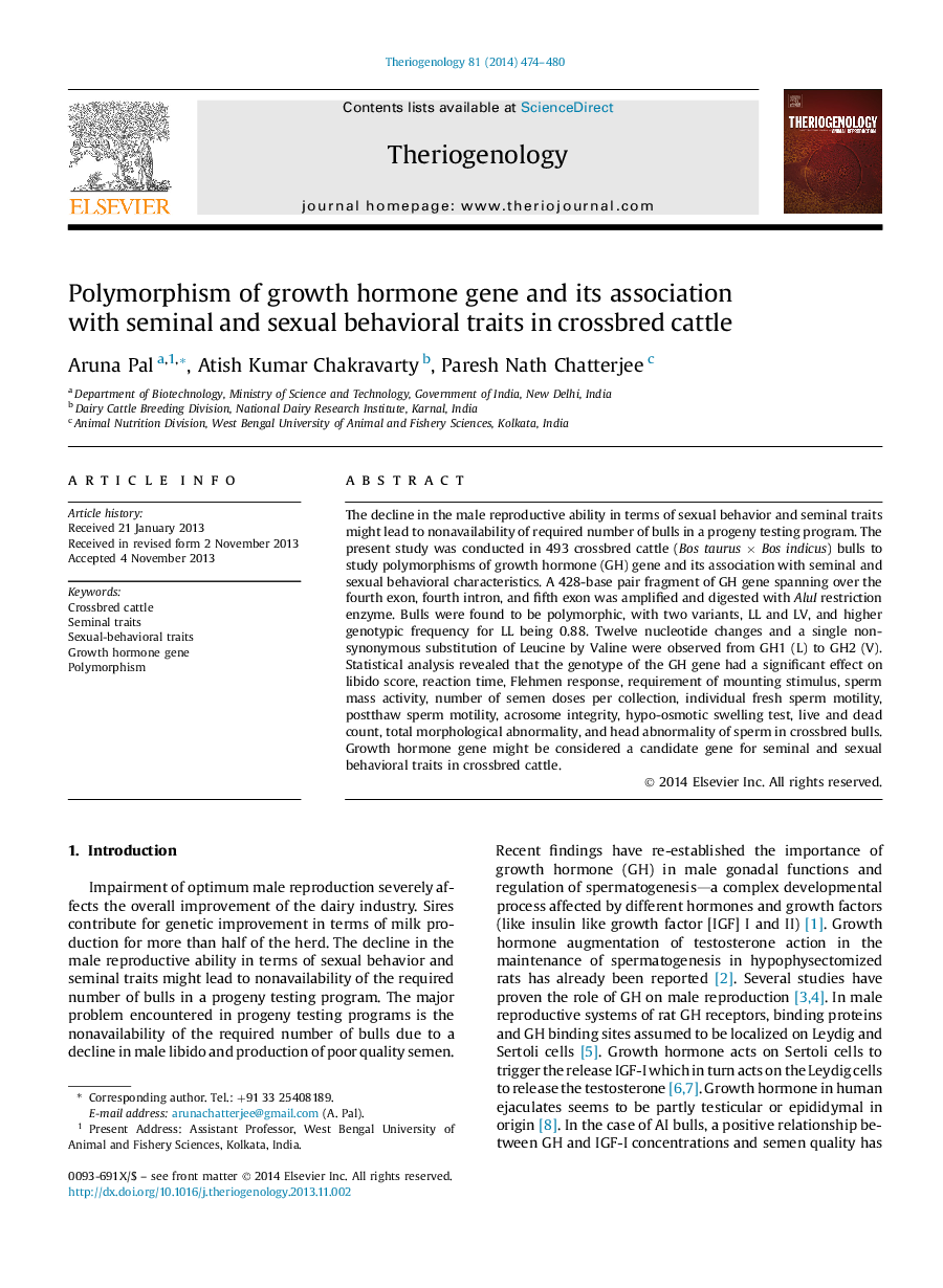 Polymorphism of growth hormone gene and its association with seminal and sexual behavioral traits in crossbred cattle