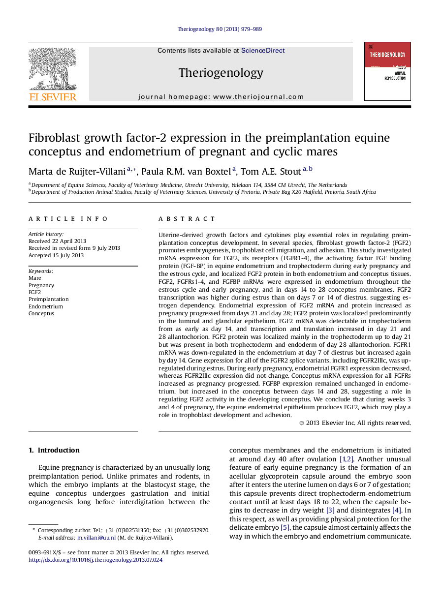 Fibroblast growth factor-2 expression in the preimplantation equine conceptus and endometrium of pregnant and cyclic mares