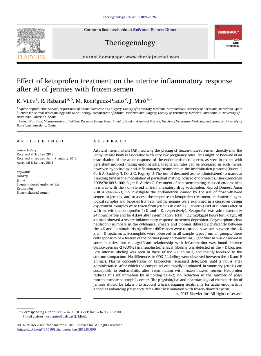 Effect of ketoprofen treatment on the uterine inflammatory response after AI of jennies with frozen semen