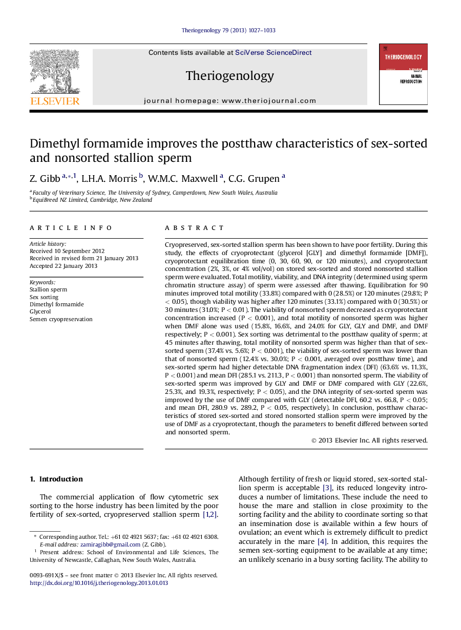 Dimethyl formamide improves the postthaw characteristics of sex-sorted and nonsorted stallion sperm