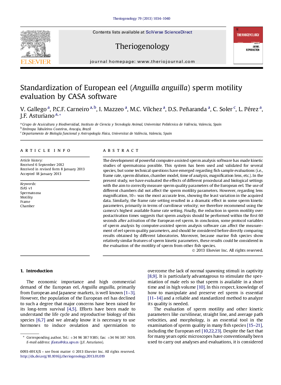 Standardization of European eel (Anguilla anguilla) sperm motility evaluation by CASA software