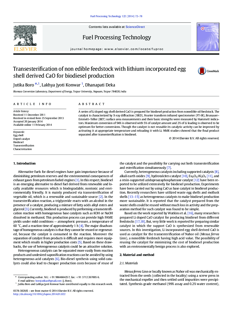 Transesterification of non edible feedstock with lithium incorporated egg shell derived CaO for biodiesel production