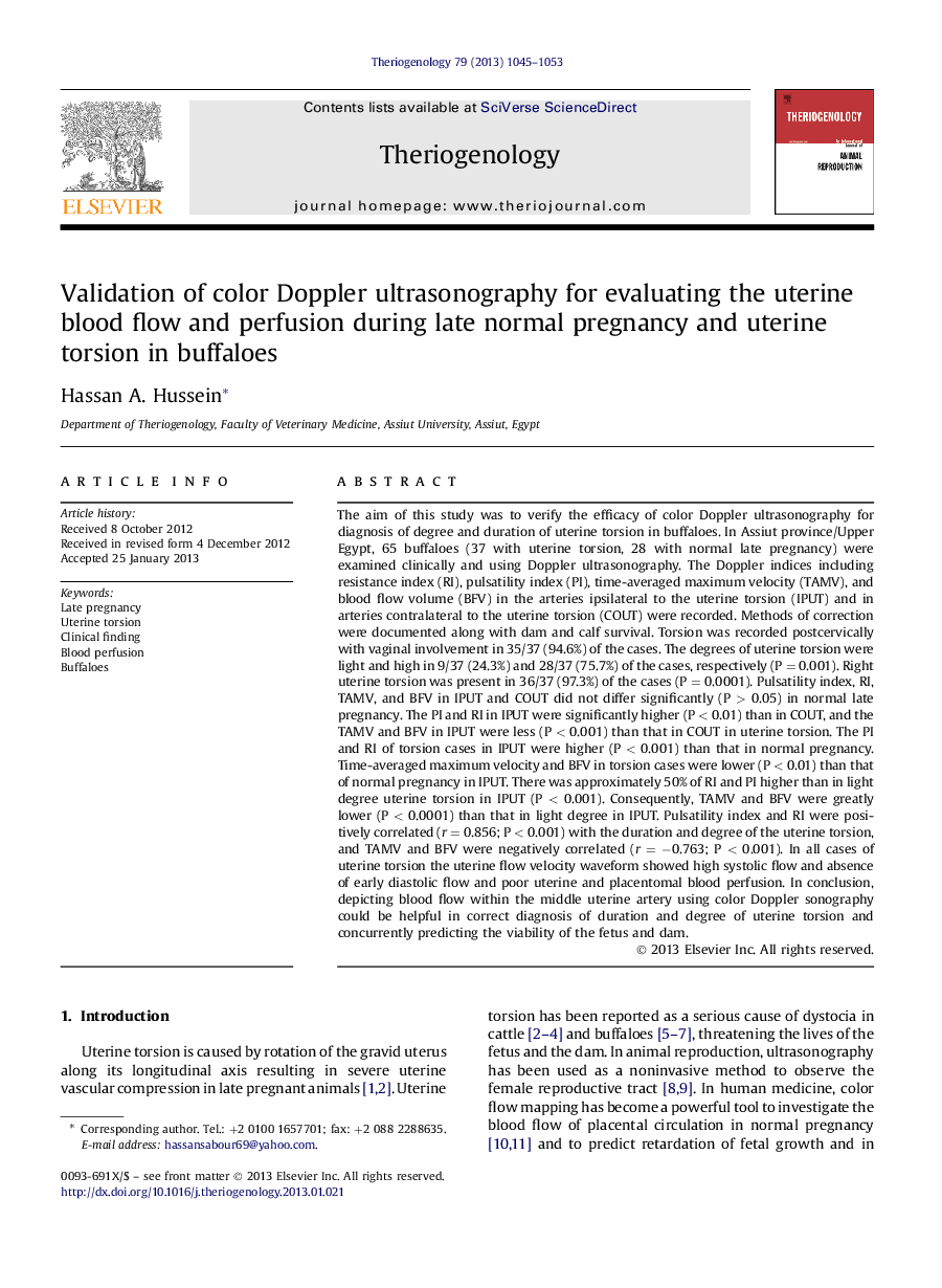 Validation of color Doppler ultrasonography for evaluating the uterine blood flow and perfusion during late normal pregnancy and uterine torsion in buffaloes