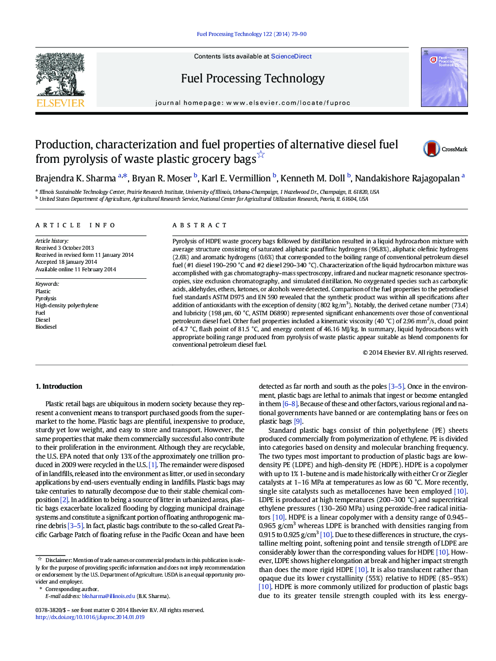 Production, characterization and fuel properties of alternative diesel fuel from pyrolysis of waste plastic grocery bags 