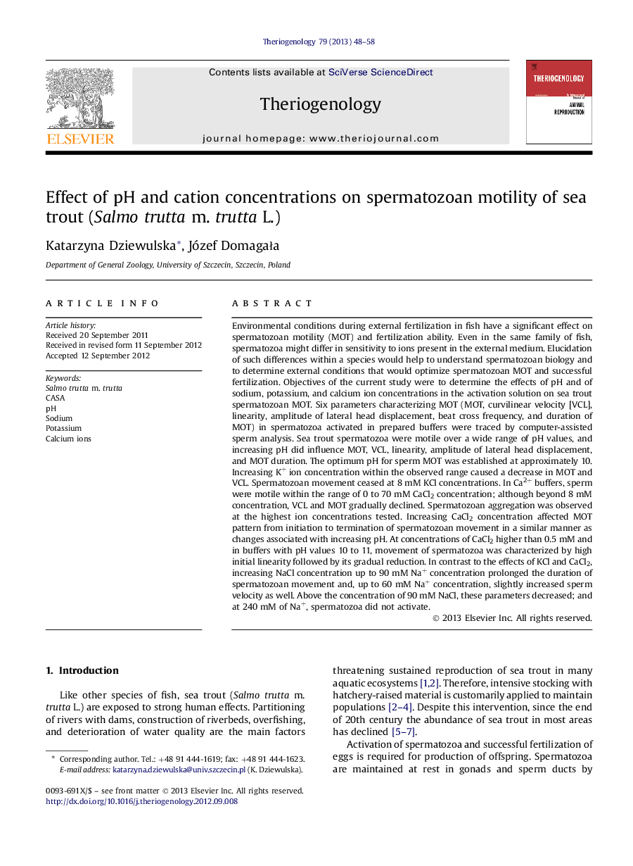 Effect of pH and cation concentrations on spermatozoan motility of sea trout (Salmo trutta m. trutta L.)