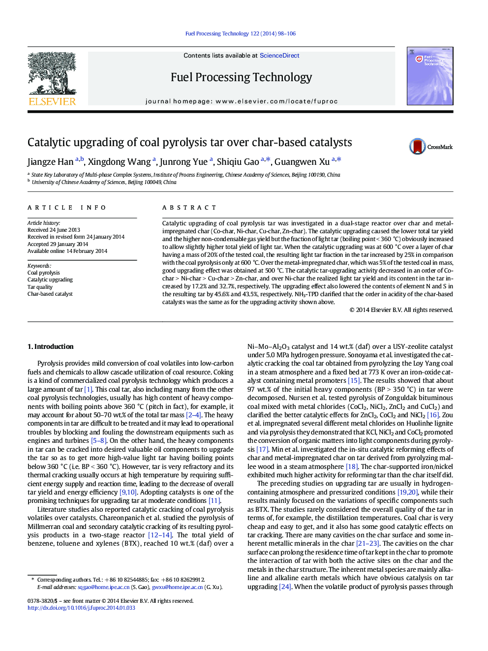 Catalytic upgrading of coal pyrolysis tar over char-based catalysts