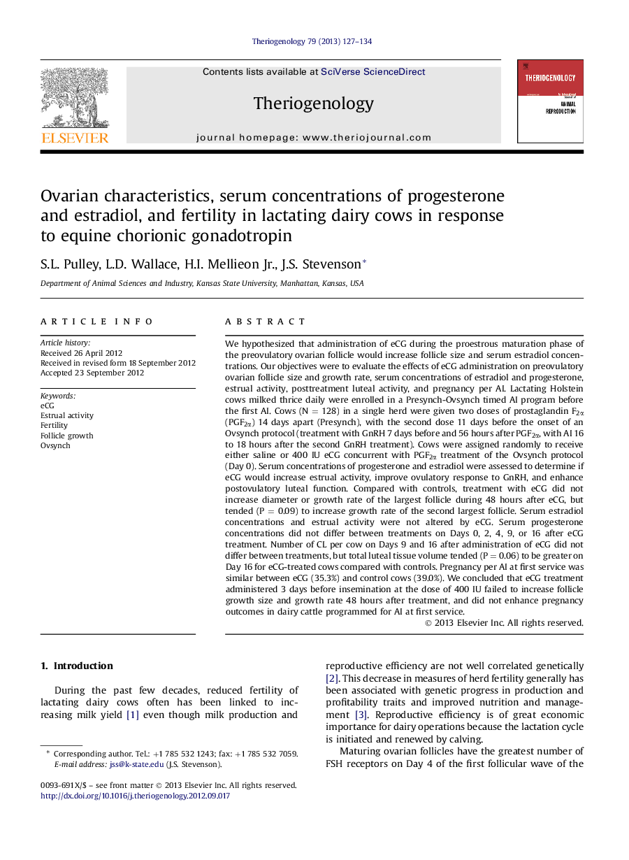 Ovarian characteristics, serum concentrations of progesterone and estradiol, and fertility in lactating dairy cows in response to equine chorionic gonadotropin