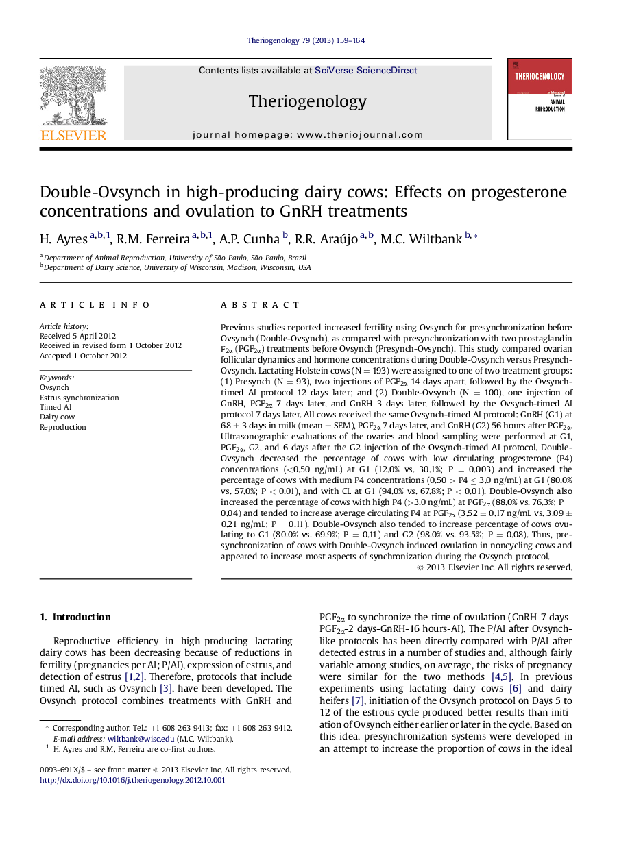 Double-Ovsynch in high-producing dairy cows: Effects on progesterone concentrations and ovulation to GnRH treatments