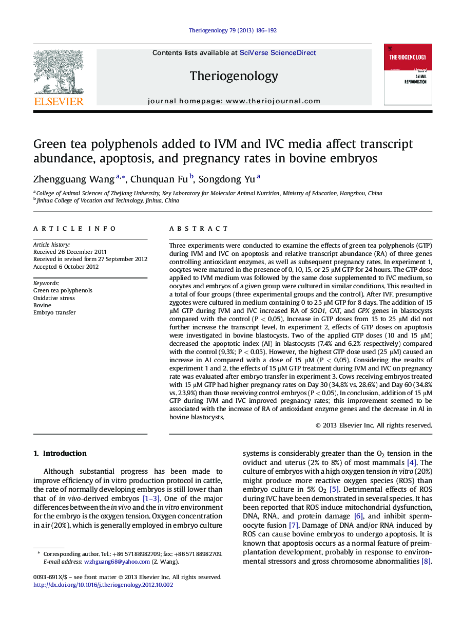 Green tea polyphenols added to IVM and IVC media affect transcript abundance, apoptosis, and pregnancy rates in bovine embryos