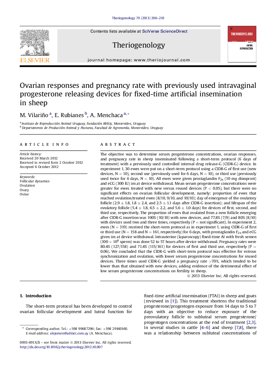 Ovarian responses and pregnancy rate with previously used intravaginal progesterone releasing devices for fixed-time artificial insemination in sheep