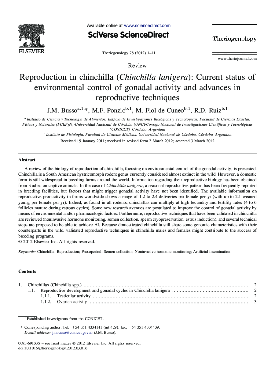 Reproduction in chinchilla (Chinchilla lanigera): Current status of environmental control of gonadal activity and advances in reproductive techniques