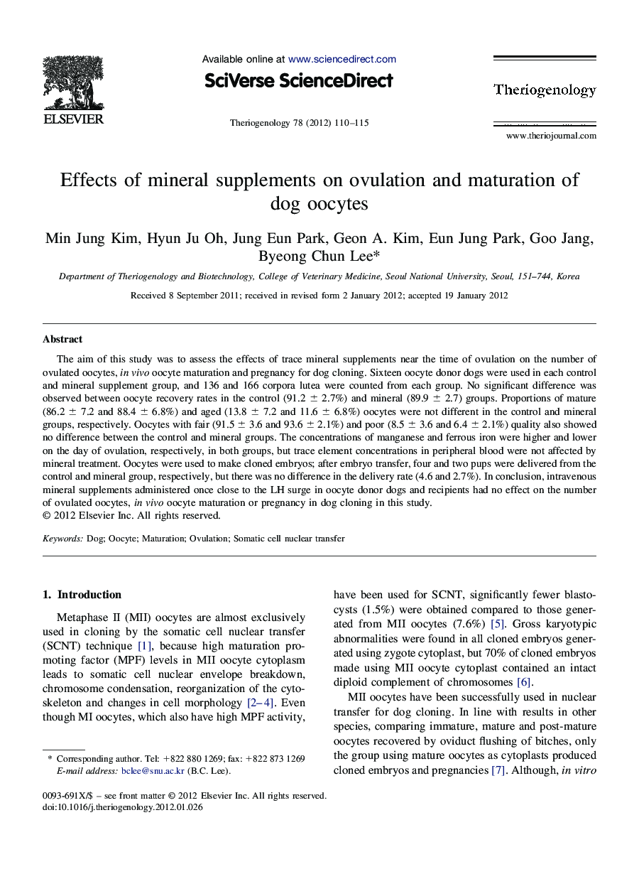 Effects of mineral supplements on ovulation and maturation of dog oocytes
