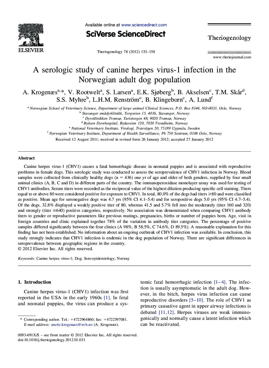 A serologic study of canine herpes virus-1 infection in the Norwegian adult dog population