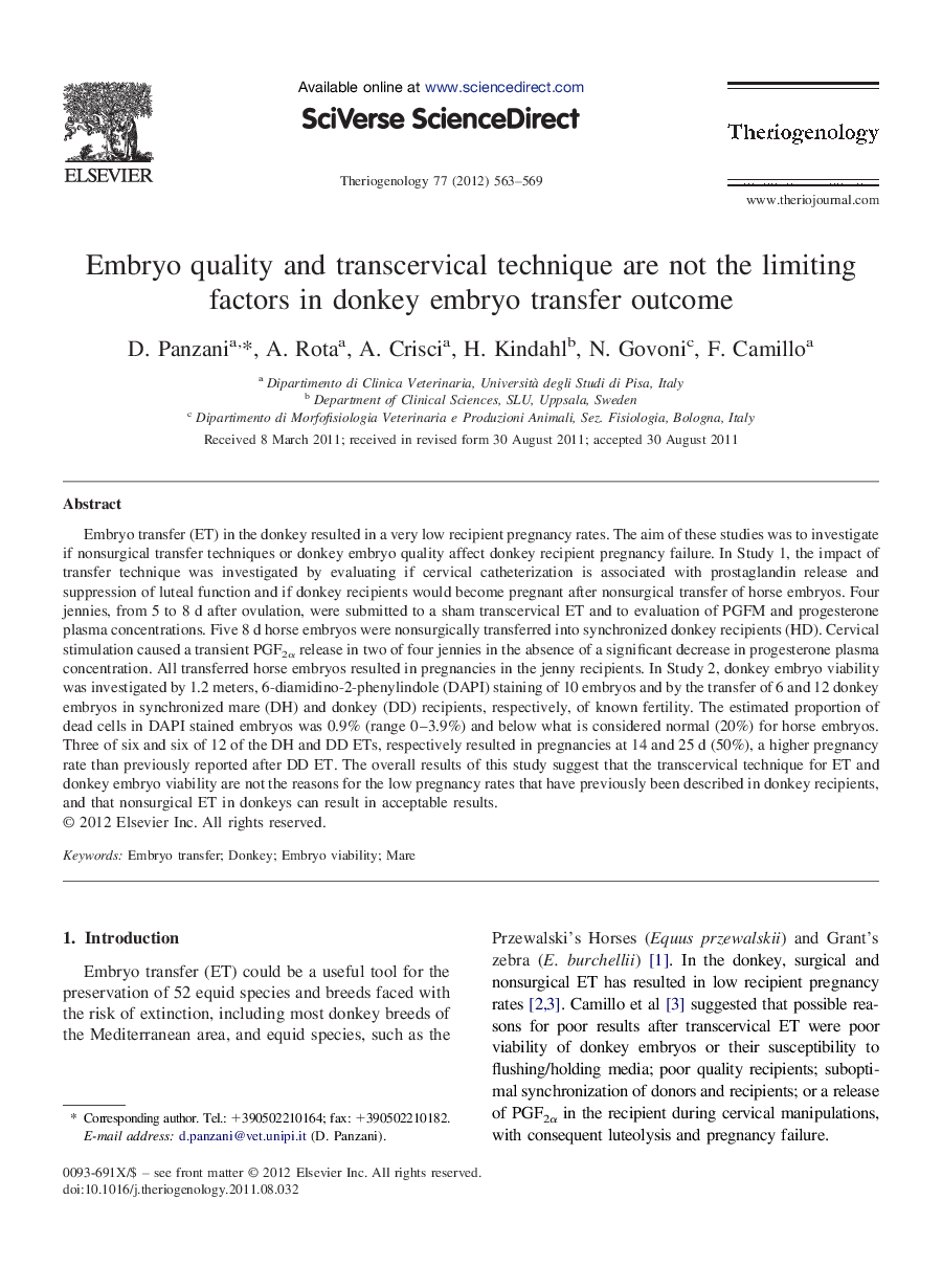 Embryo quality and transcervical technique are not the limiting factors in donkey embryo transfer outcome