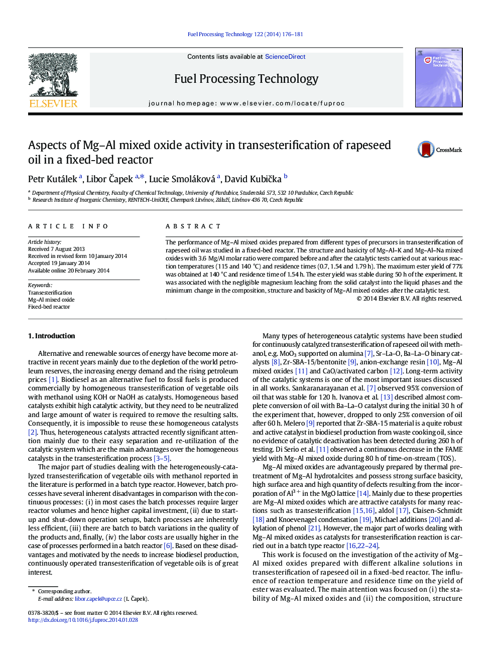 Aspects of Mg–Al mixed oxide activity in transesterification of rapeseed oil in a fixed-bed reactor