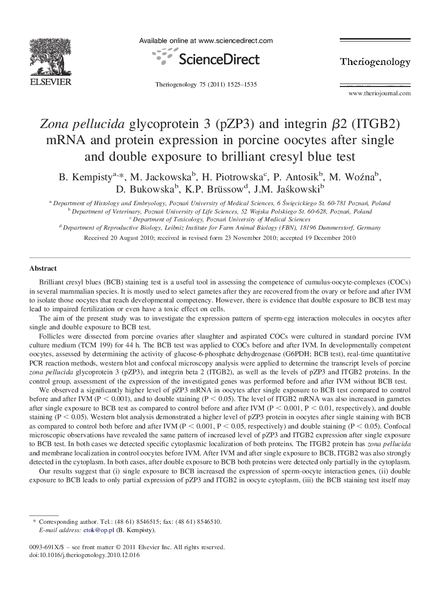 Zona pellucida glycoprotein 3 (pZP3) and integrin β2 (ITGB2) mRNA and protein expression in porcine oocytes after single and double exposure to brilliant cresyl blue test