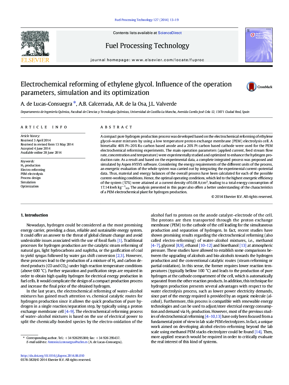 Electrochemical reforming of ethylene glycol. Influence of the operation parameters, simulation and its optimization