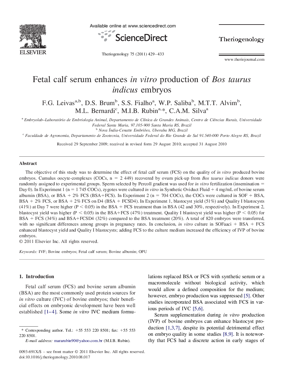 Fetal calf serum enhances in vitro production of Bos taurus indicus embryos