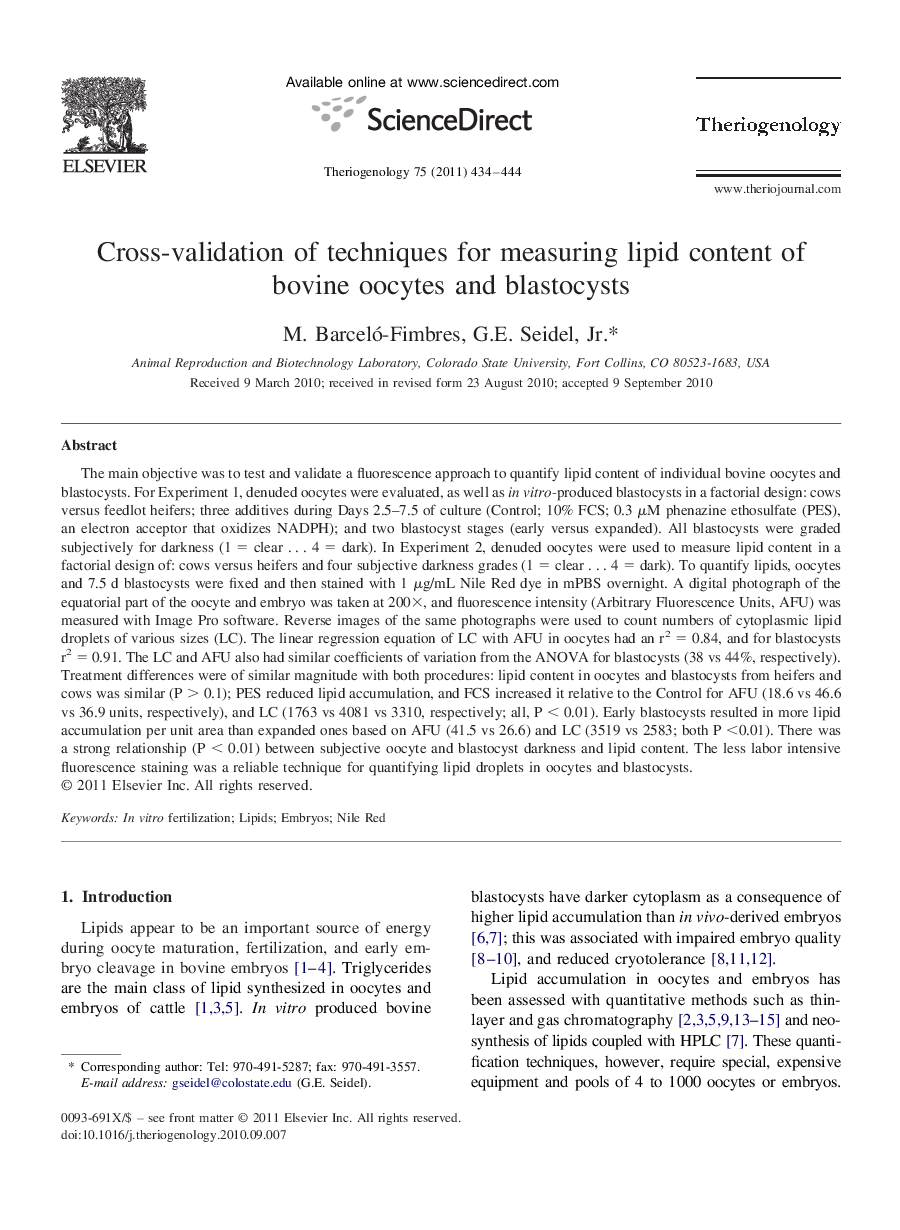 Cross-validation of techniques for measuring lipid content of bovine oocytes and blastocysts