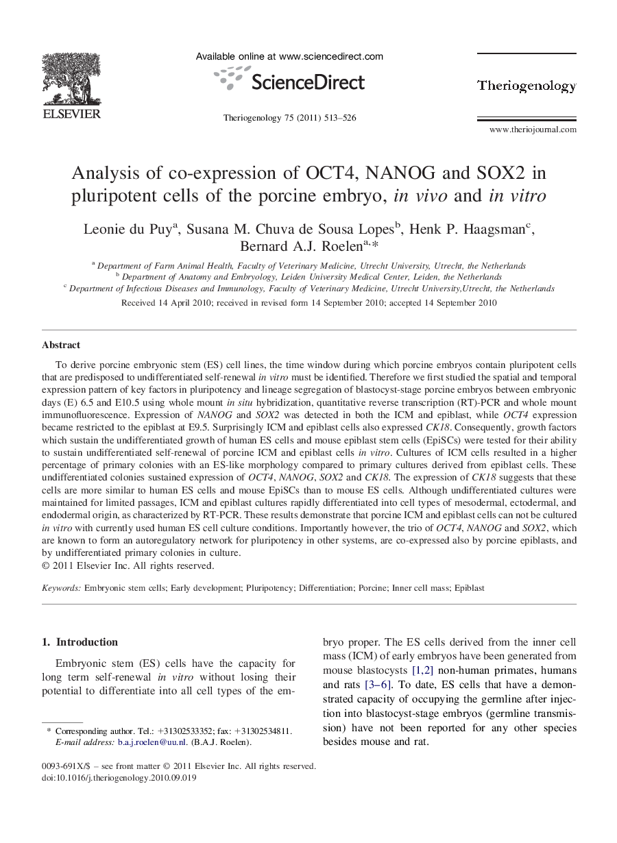 Analysis of co-expression of OCT4, NANOG and SOX2 in pluripotent cells of the porcine embryo, in vivo and in vitro