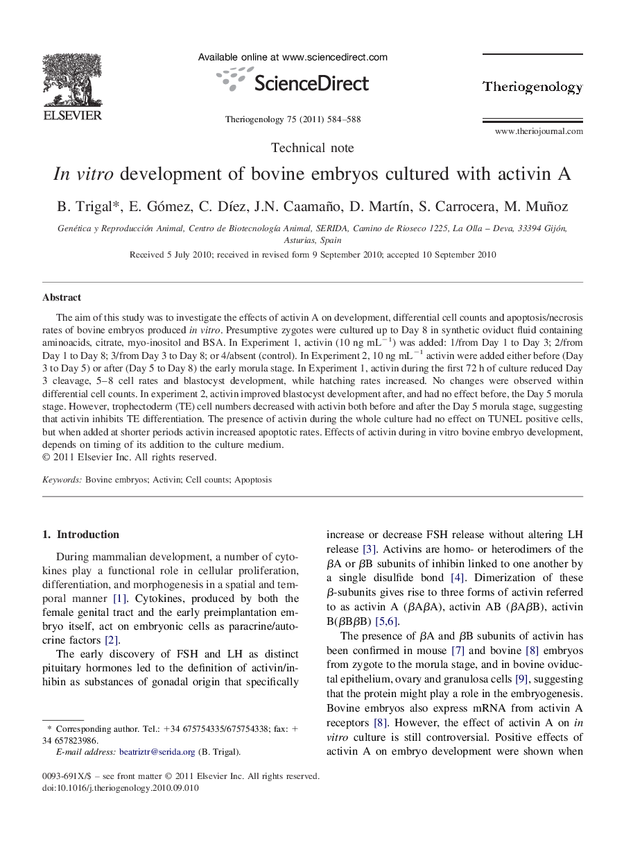 In vitro development of bovine embryos cultured with activin A