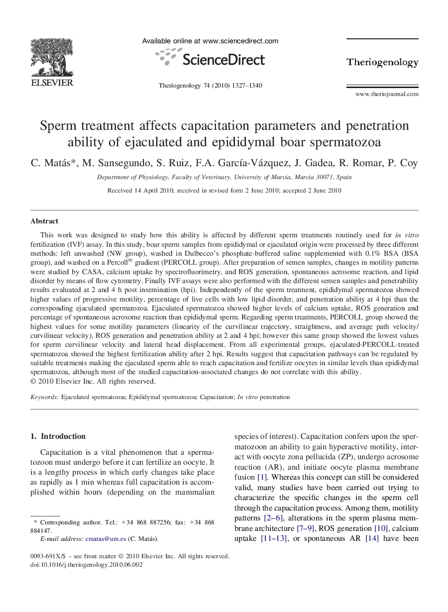 Sperm treatment affects capacitation parameters and penetration ability of ejaculated and epididymal boar spermatozoa