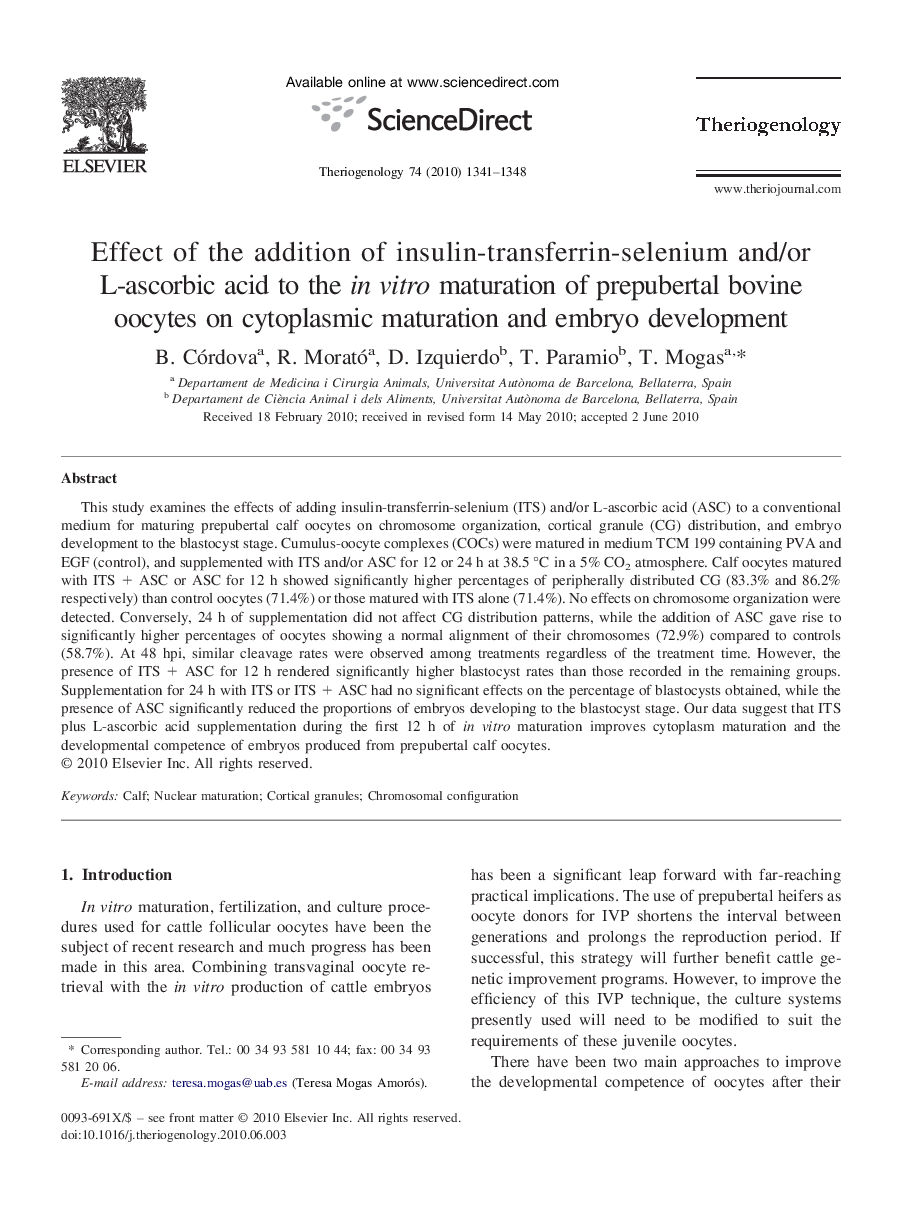 Effect of the addition of insulin-transferrin-selenium and/or L-ascorbic acid to the in vitro maturation of prepubertal bovine oocytes on cytoplasmic maturation and embryo development