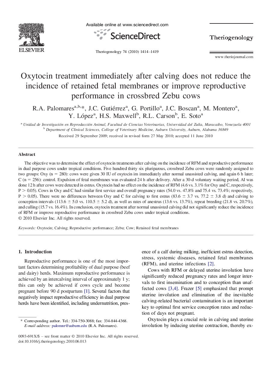 Oxytocin treatment immediately after calving does not reduce the incidence of retained fetal membranes or improve reproductive performance in crossbred Zebu cows