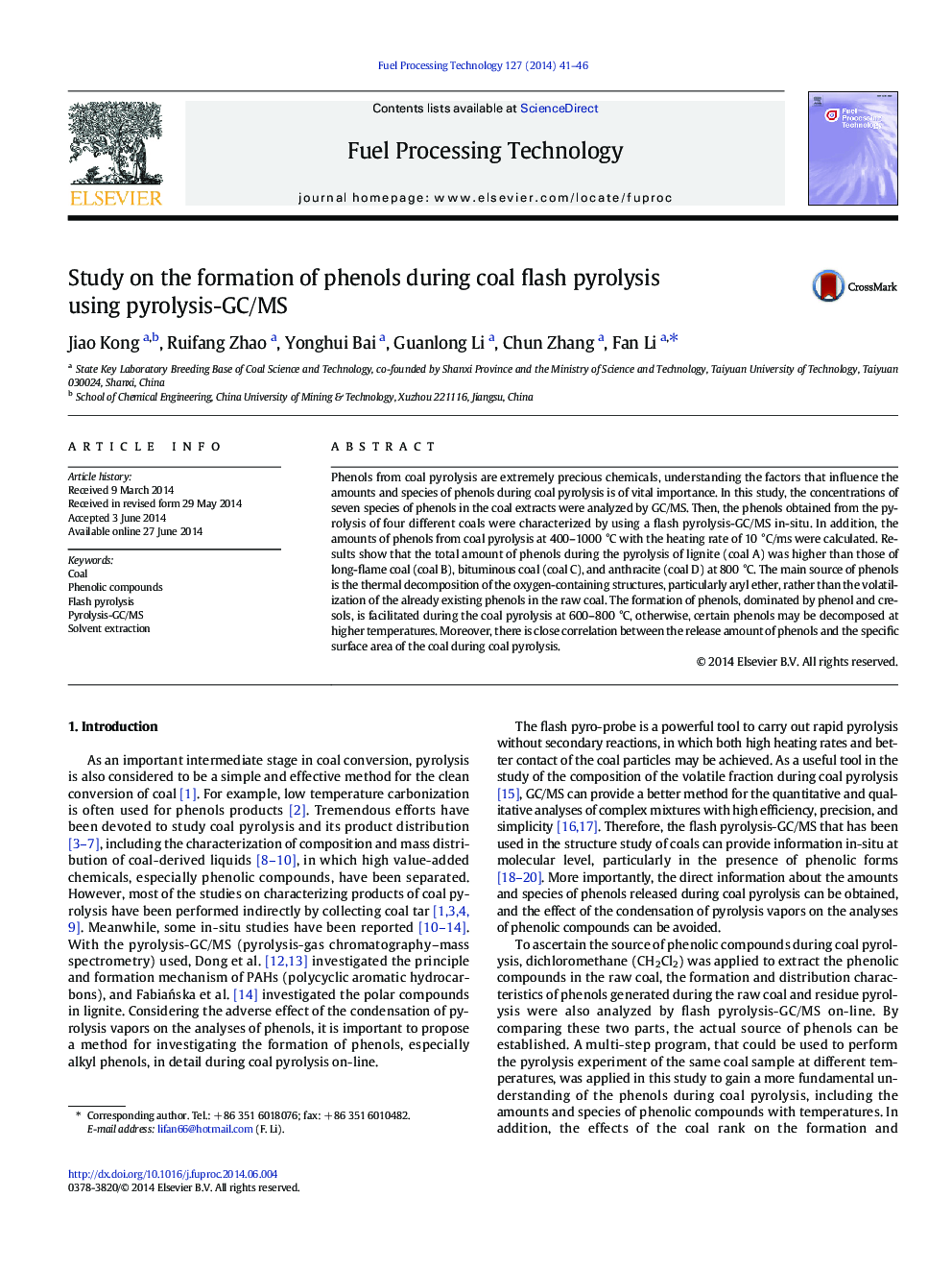 Study on the formation of phenols during coal flash pyrolysis using pyrolysis-GC/MS