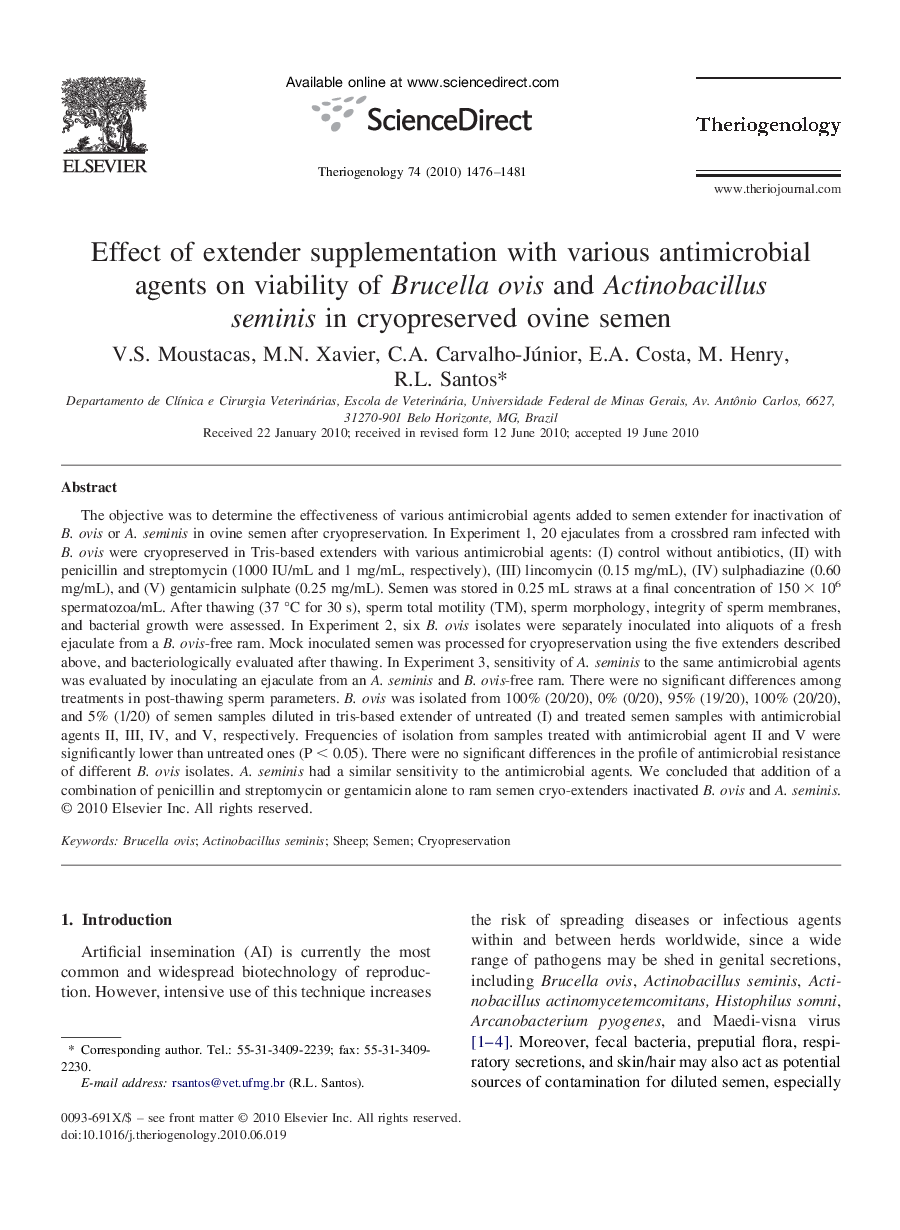 Effect of extender supplementation with various antimicrobial agents on viability of Brucella ovis and Actinobacillus seminis in cryopreserved ovine semen