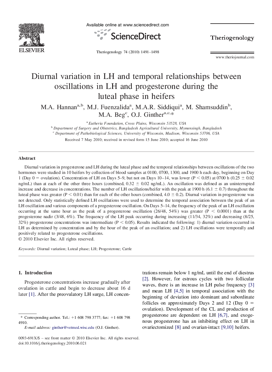 Diurnal variation in LH and temporal relationships between oscillations in LH and progesterone during the luteal phase in heifers