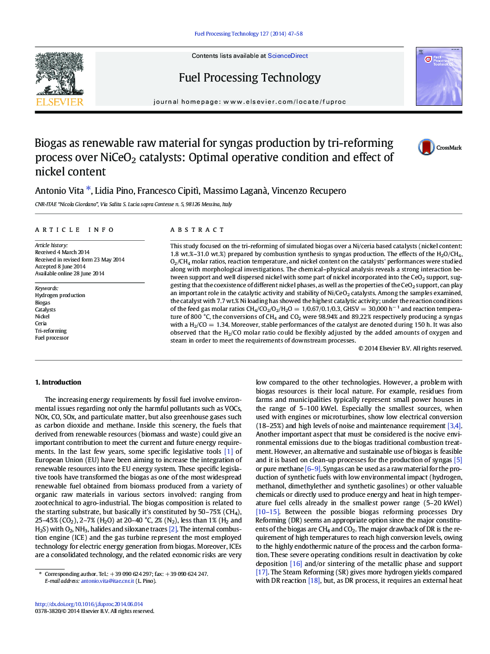 Biogas as renewable raw material for syngas production by tri-reforming process over NiCeO2 catalysts: Optimal operative condition and effect of nickel content