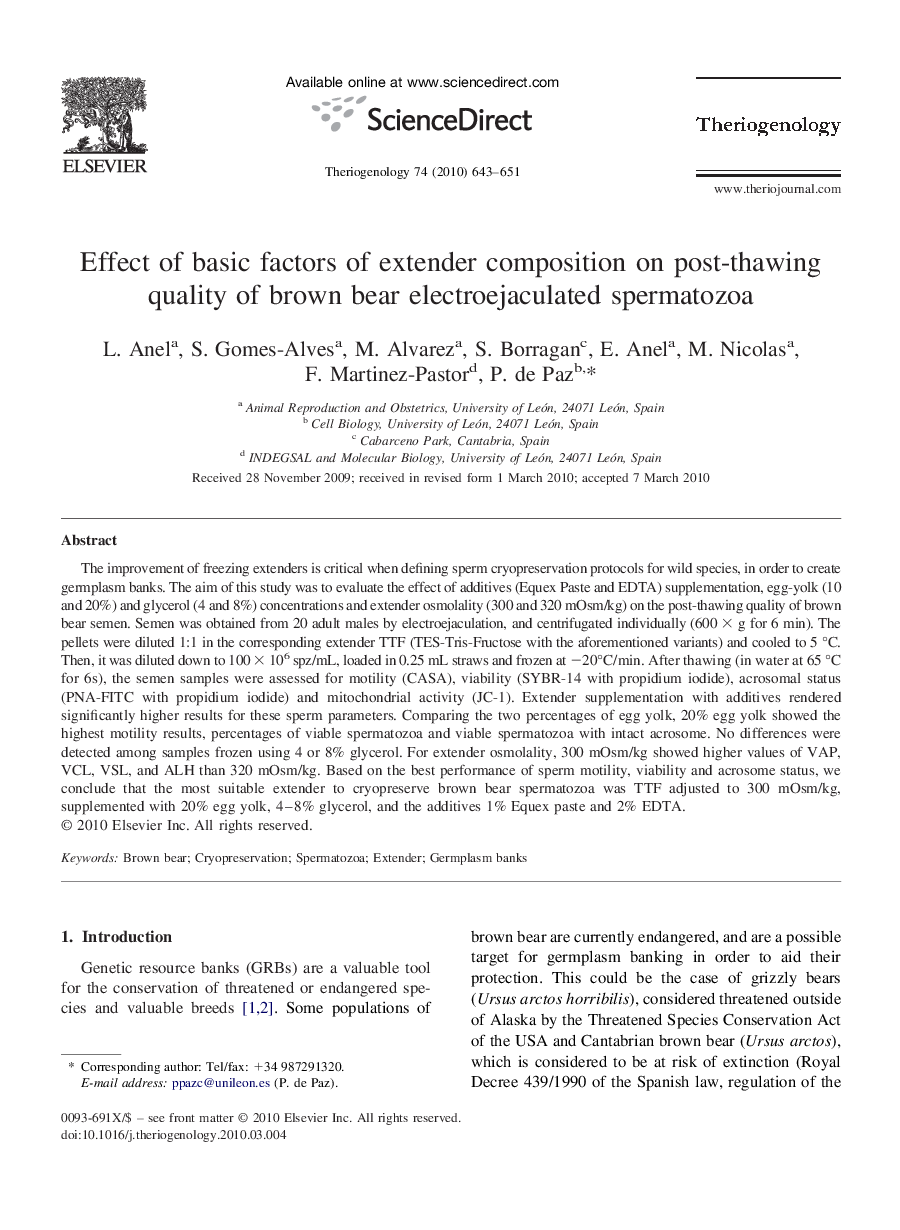 Effect of basic factors of extender composition on post-thawing quality of brown bear electroejaculated spermatozoa