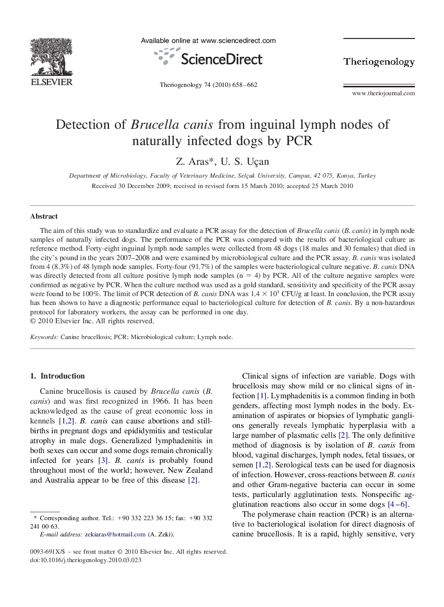 Detection of Brucella canis from inguinal lymph nodes of naturally infected dogs by PCR