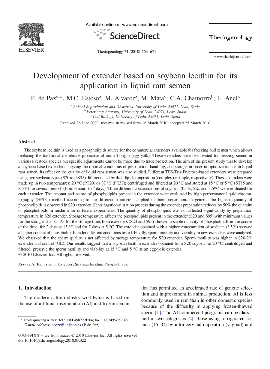 Development of extender based on soybean lecithin for its application in liquid ram semen