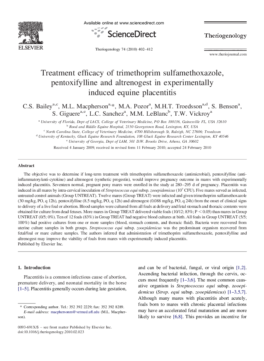 Treatment efficacy of trimethoprim sulfamethoxazole, pentoxifylline and altrenogest in experimentally induced equine placentitis