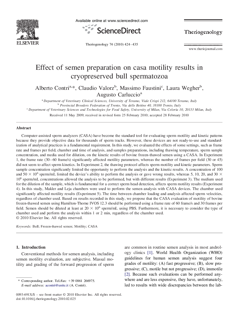 Effect of semen preparation on casa motility results in cryopreserved bull spermatozoa